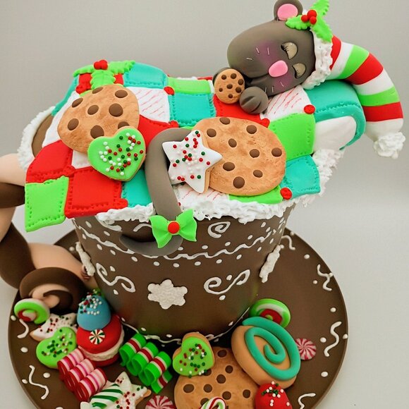 Christmas Hot Cocoa Mug with Sleepy Mouse and Cookies, Whimsical Holiday Decor - Picture 5 of 6